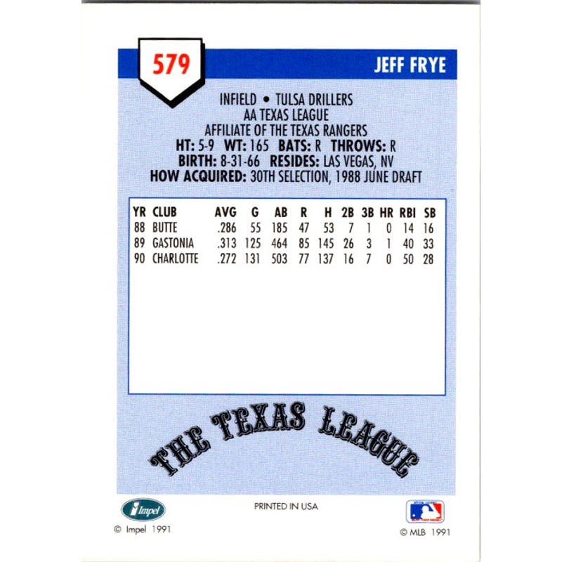 Jeff Frye Signed 1991 Line Drive RC MiLB #579 Card Rangers Auto Tulsa Drillers