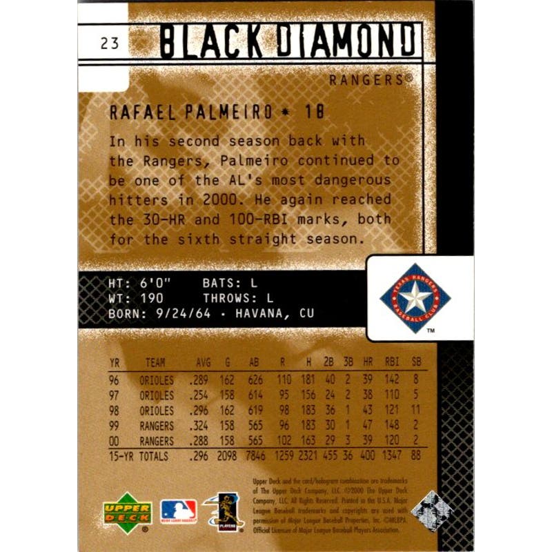 Rafael Palmeiro Signed Upper Deck Black Diamond #23 2001 Card Rangers Auto