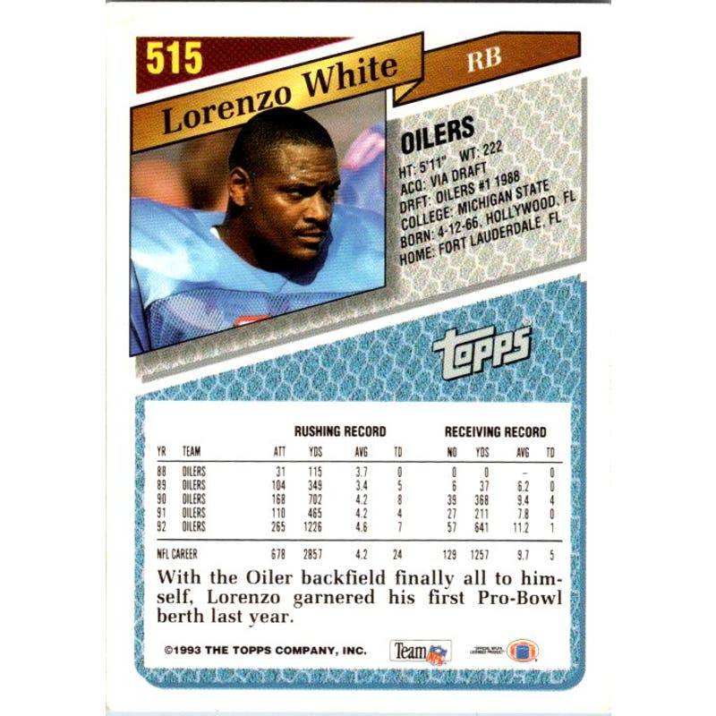 Lorenzo White Signed 1993 Topps Gold Card #515 Houston Oilers NFL Auto