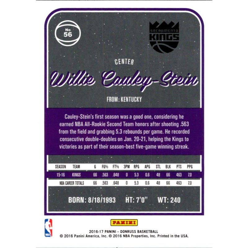 Willie Cauley-Stein Signed Panini Donruss #56 2016-17 Card Sacramento Kings NBA