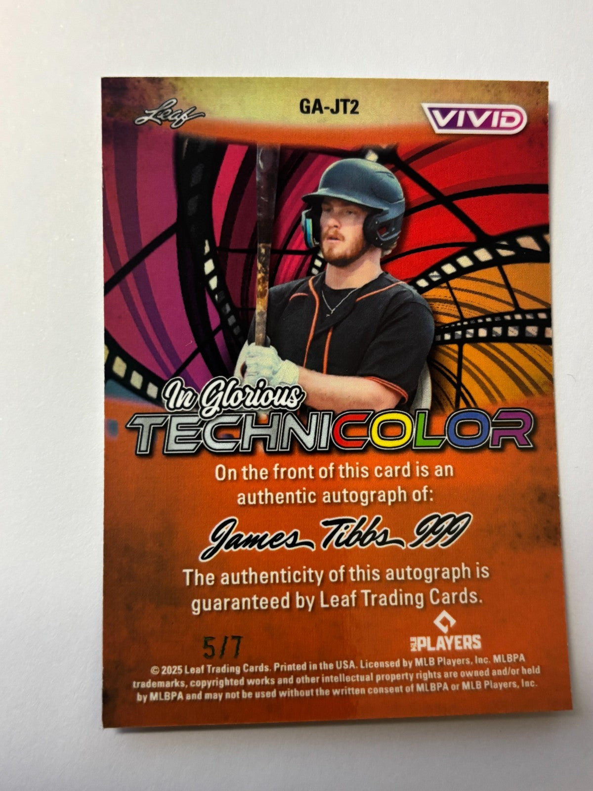 2025 Leaf Vivid auto Technicolor JAMES TIBBS III #ed 5/7 San Francisco Giants