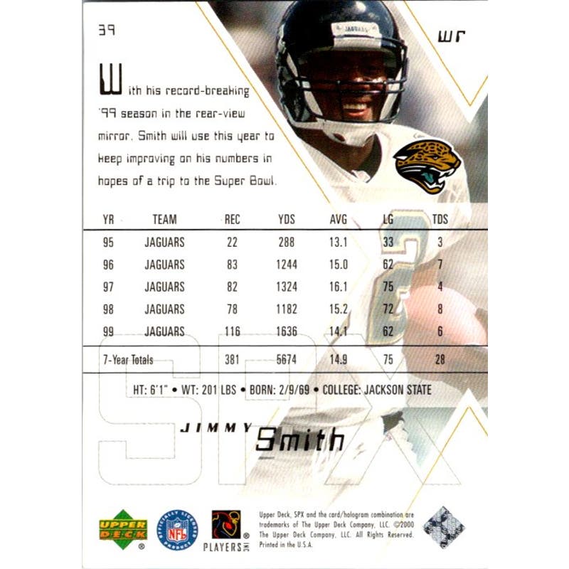 Jimmy Smith Signed 2000 UD SPX Card #39 Jacksonville Jaguars NFL