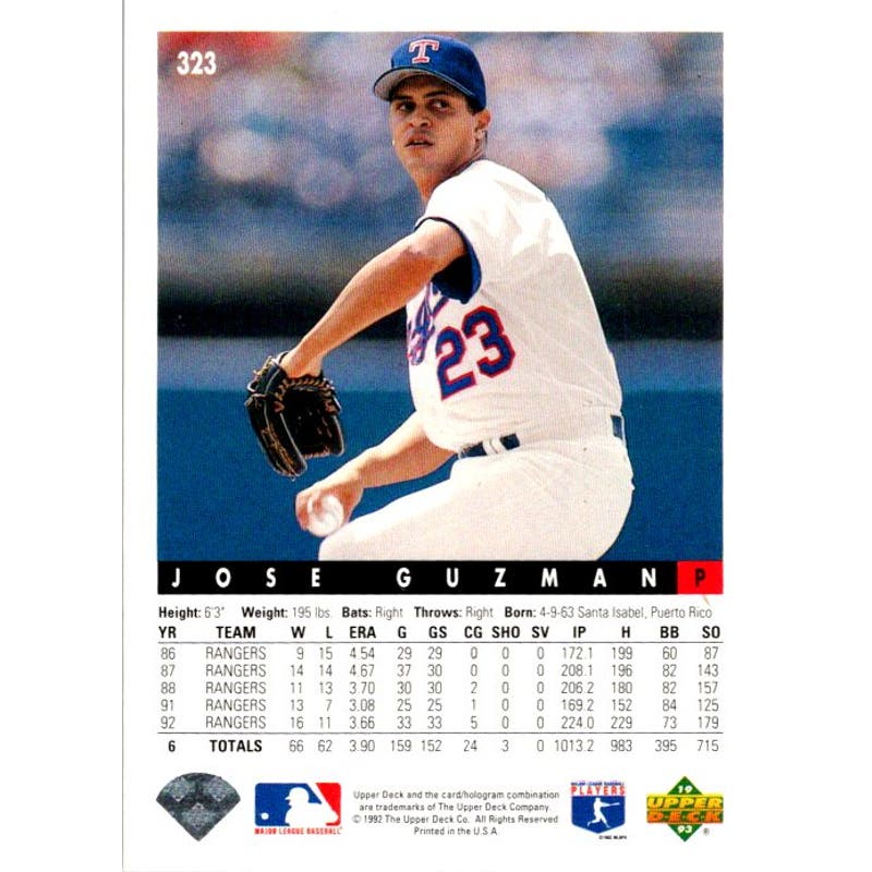 Jose Guzman Signed Upper Deck #323 1993 Card Texas Rangers Auto